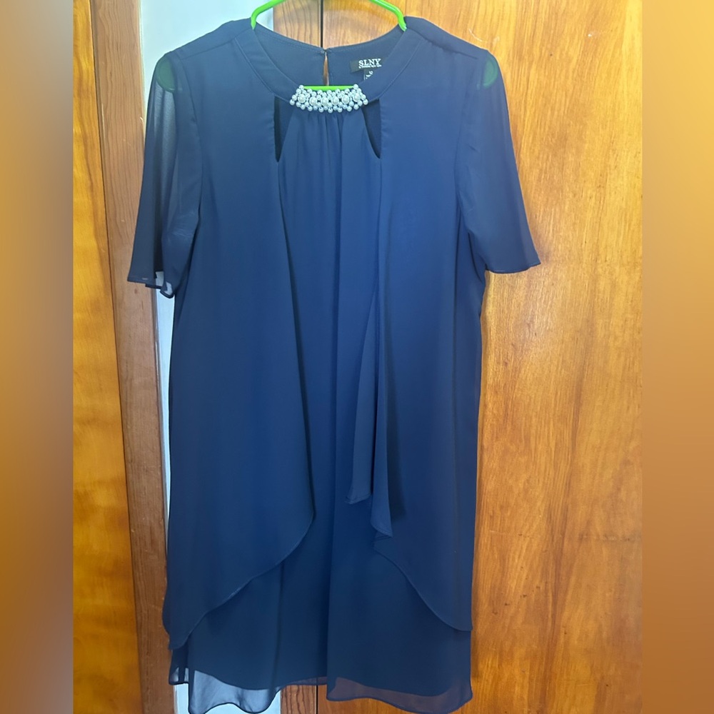 SLNY Deep Blue Dress with Pearl Accent